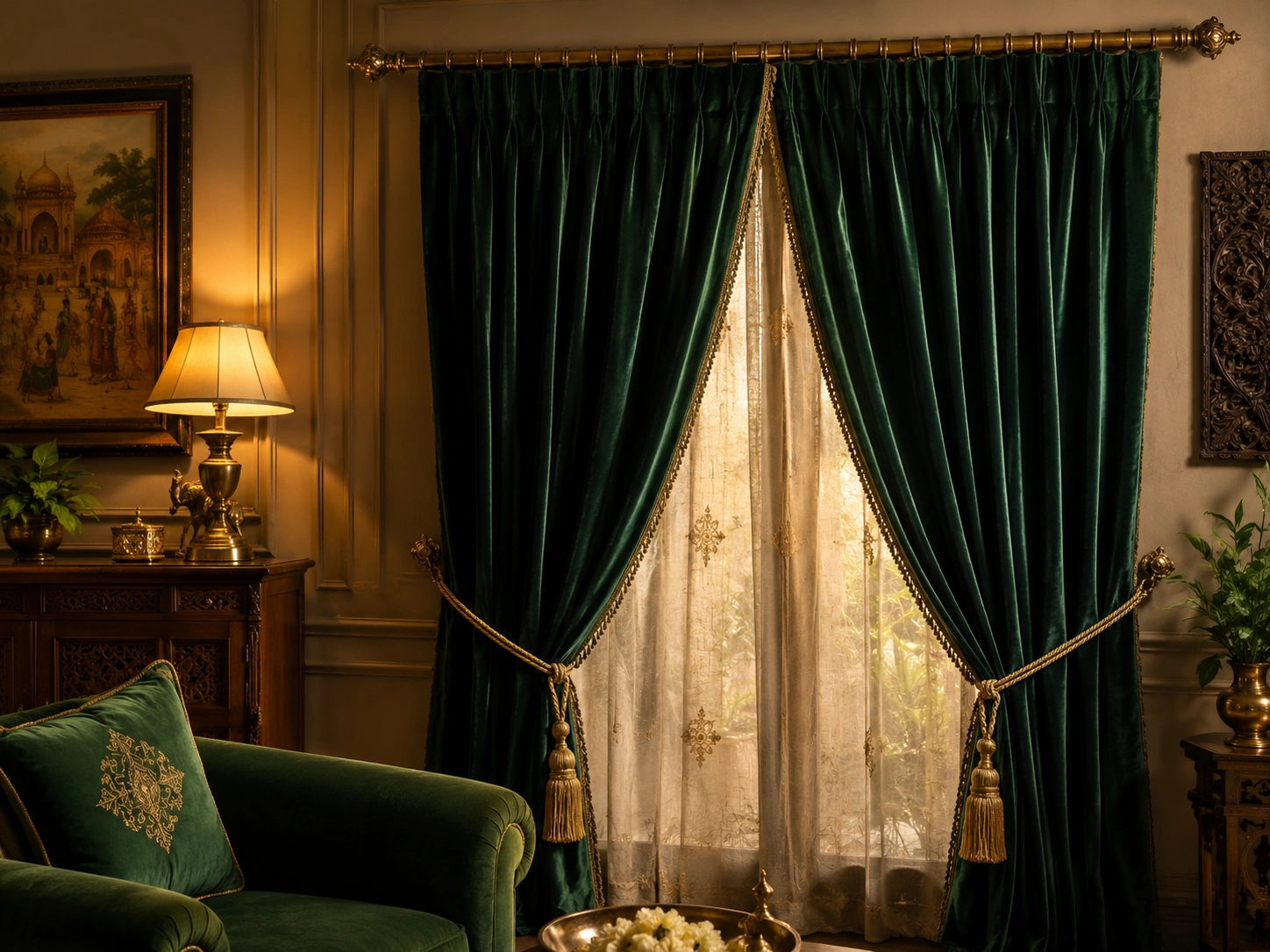 Velvet decorative curtains brass rod Ahmedabad luxury home