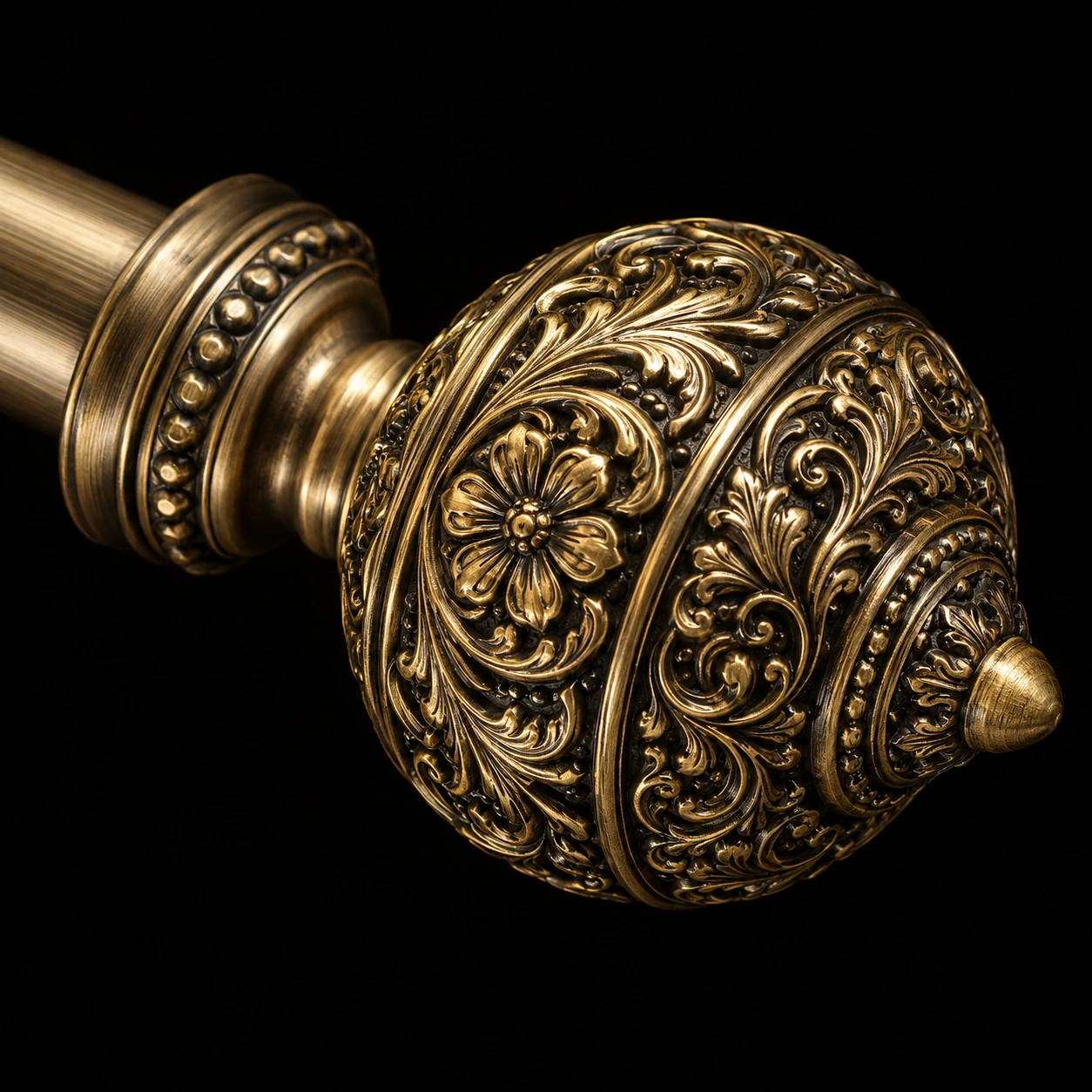 Decorative brass curtain rod finial detail