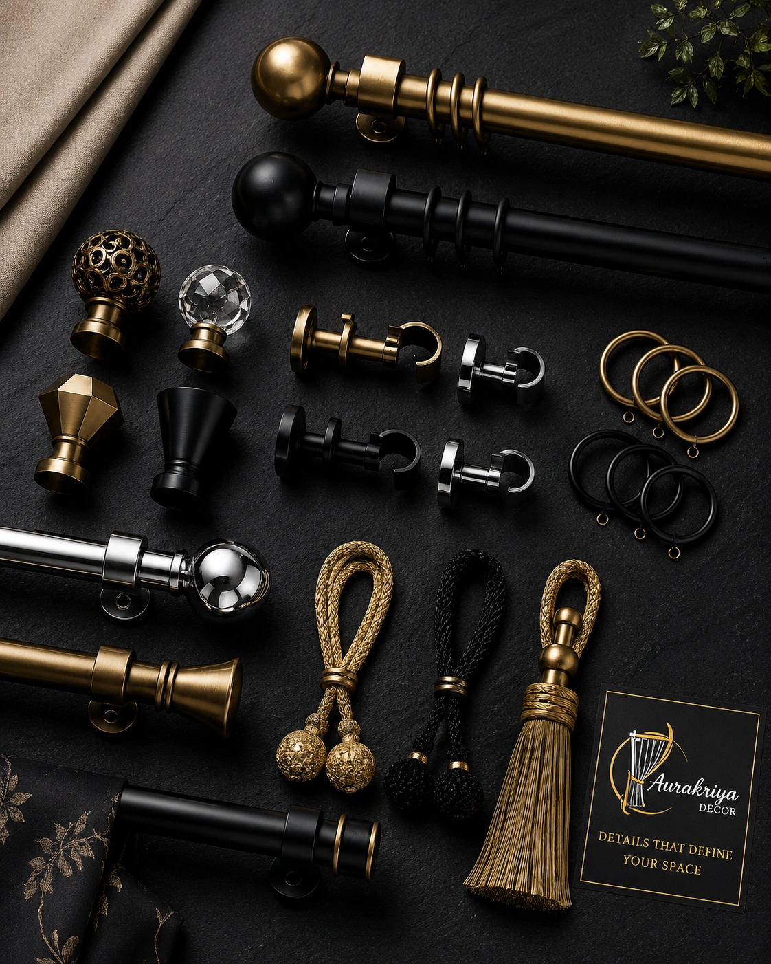 Premium curtain rods finials and accessories Ahmedabad Aurakriya Decor