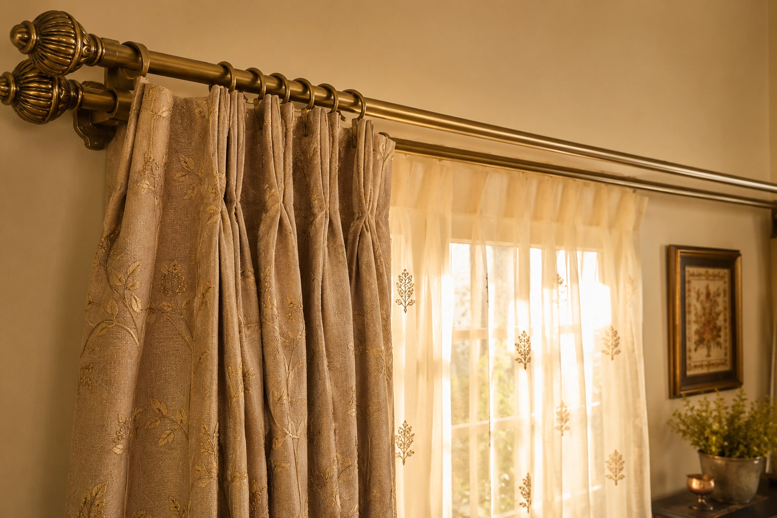 Layered curtain treatments with double rods Aurakriya Decor Ahmedabad
